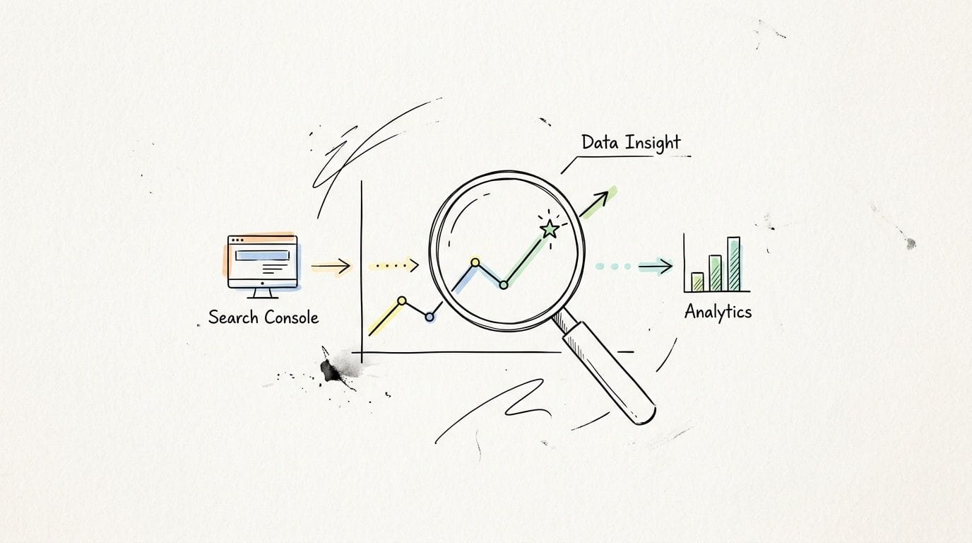Search Engine Optimization: The Complete AU Guide for 2026 7 A hand-drawn illustration showing the flow from search console data through analysis into analytics insights.