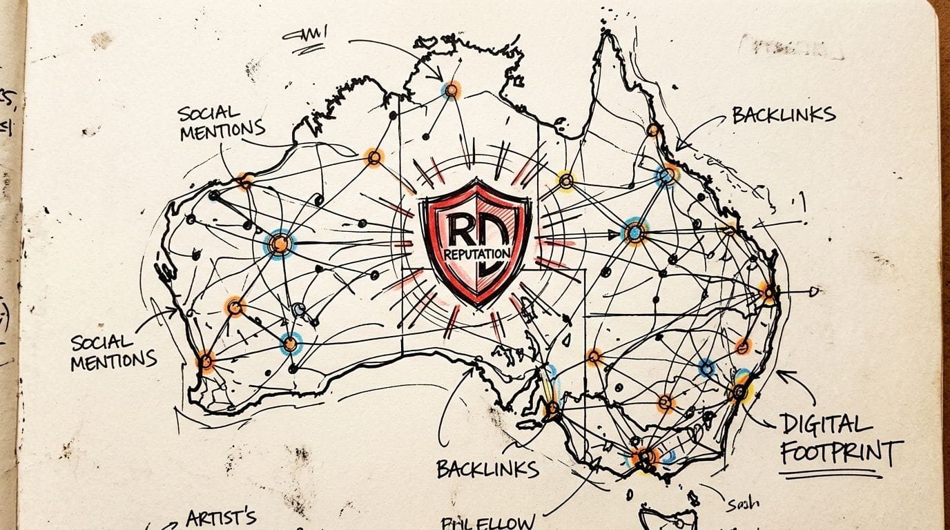 Search Engine Optimization: The Complete AU Guide for 2026 5 A hand-drawn sketch of the australian continent featuring a shield logo representing reputation management and network connections.