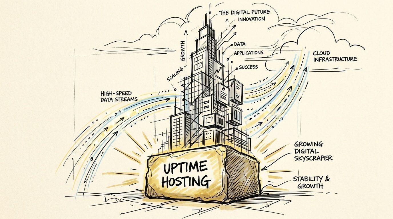 A digital illustration featuring a skyscraper on a rock labeled uptime hosting, symbolizing growth and infrastructure.
