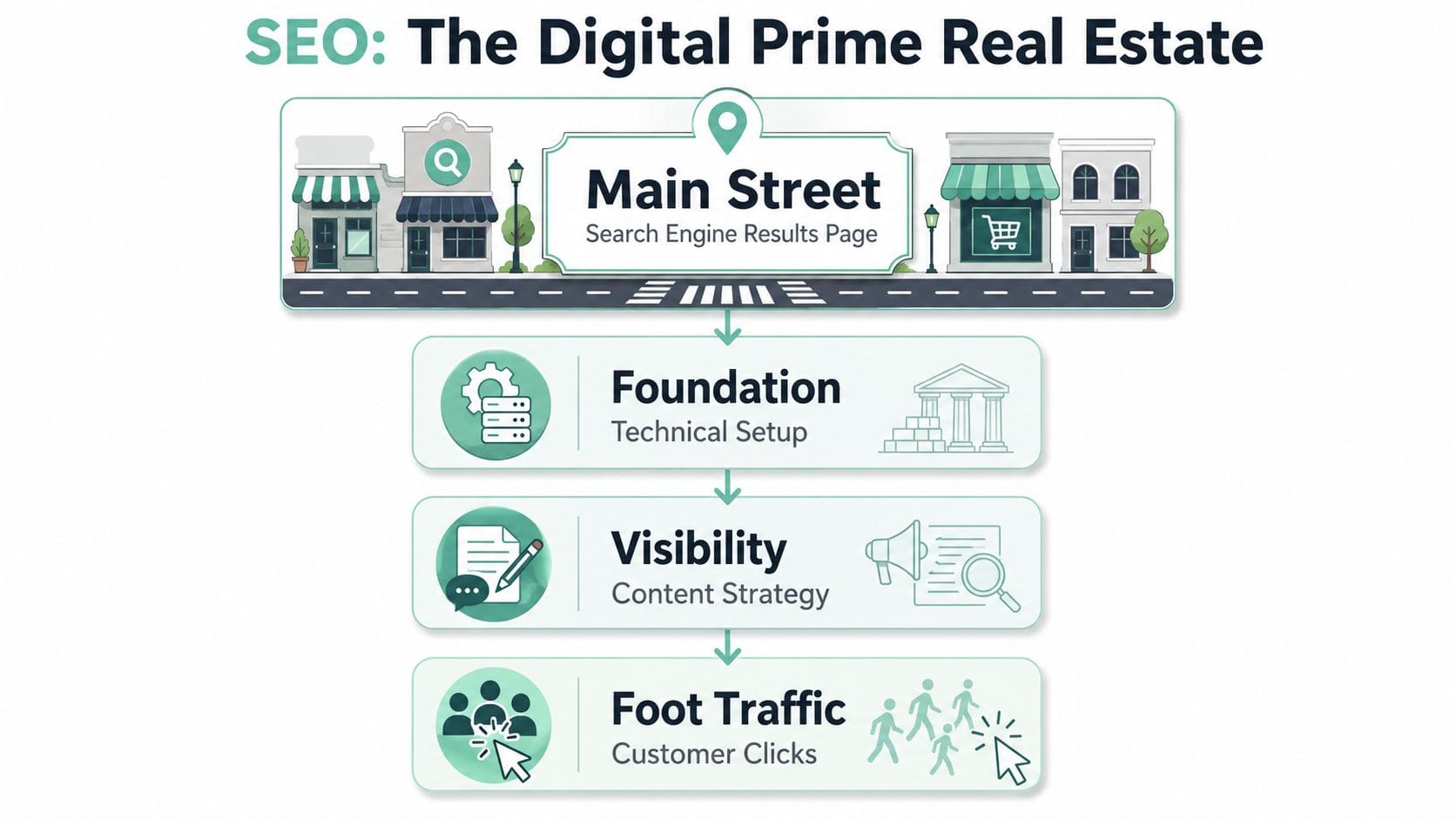 A diagram illustrating seo as digital real estate, showing a funnel from technical foundation to traffic generation.