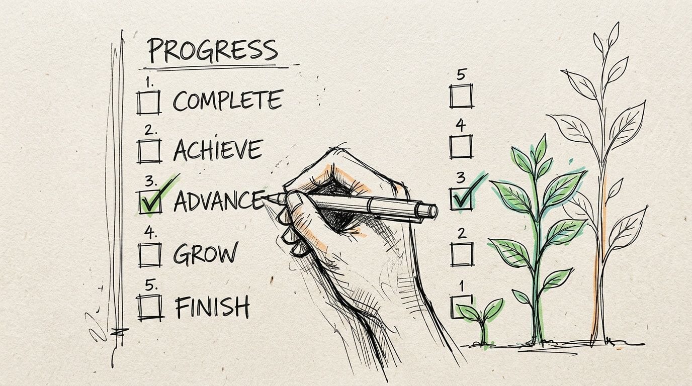 A hand checking the third item on a progress list alongside drawings of growing plants.