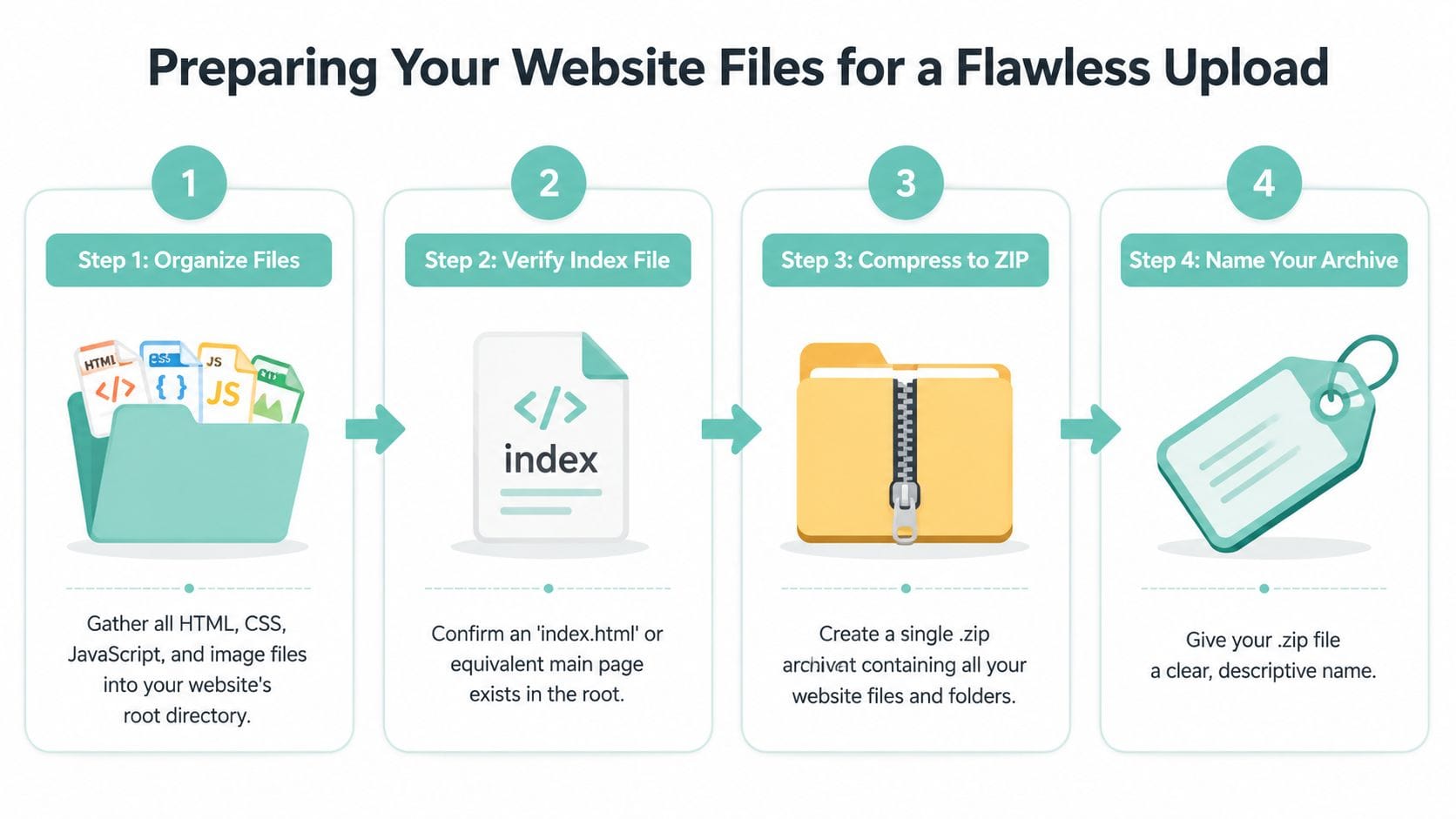 Uploading Your Website Into cPanel Using the File Manager 3 A four-step infographic illustrating how to prepare website files by organizing, verifying, compressing, and naming them.