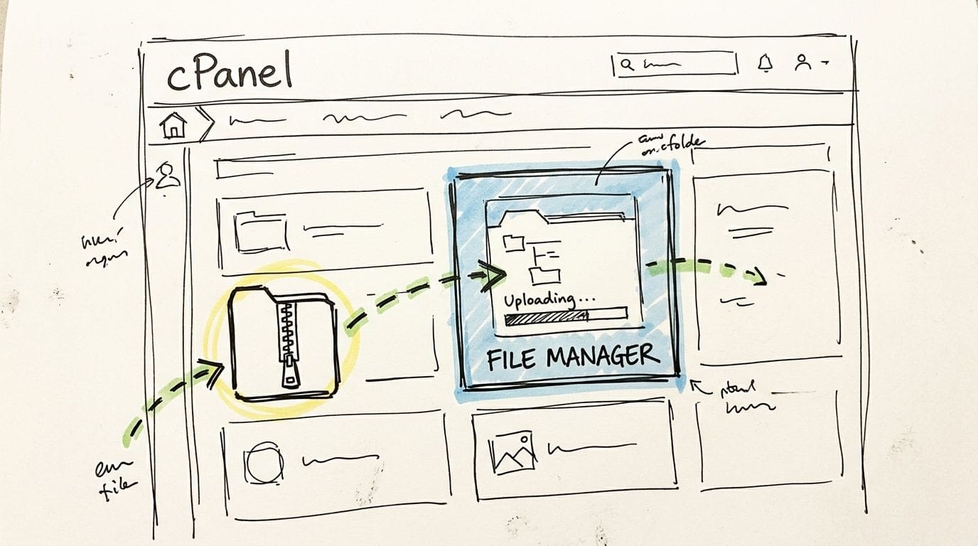 Uploading Your Website Into cPanel Using the File Manager 5 A hand-drawn sketch illustrating the process of uploading a zipped website file into cpanel file manager.
