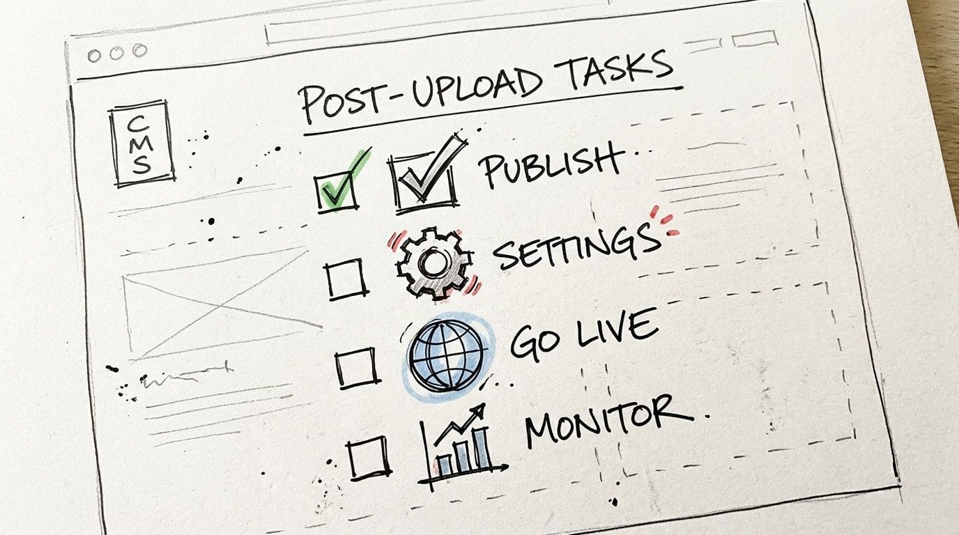 Uploading Your Website Into cPanel Using the File Manager 6 A hand-drawn wireframe sketch showing a post-upload task list for content management system website deployment.