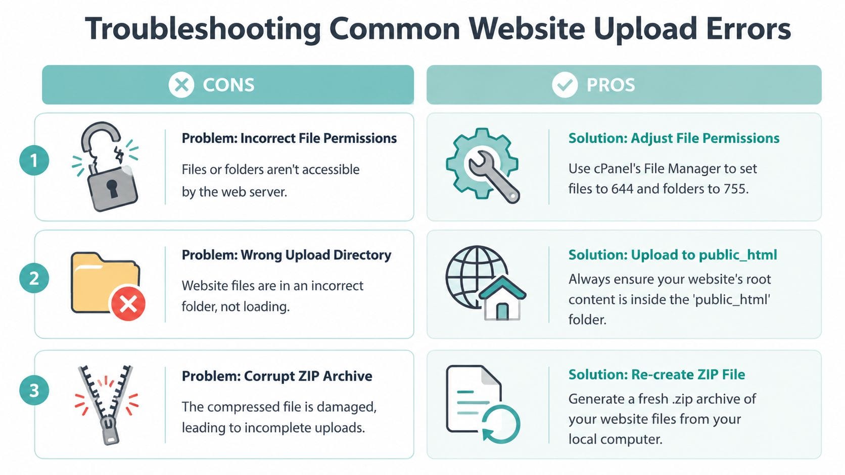 Uploading Your Website Into cPanel Using the File Manager 7 A troubleshooting infographic illustrating common website upload errors, their causes, and solutions for cpanel users.