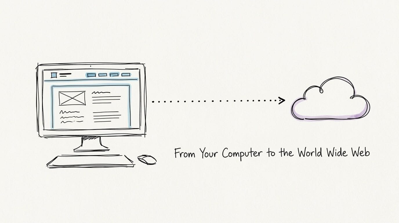 Uploading Your Website Into cPanel Using the File Manager 1 A hand-drawn illustration showing a computer connected to a cloud representing the world wide web.