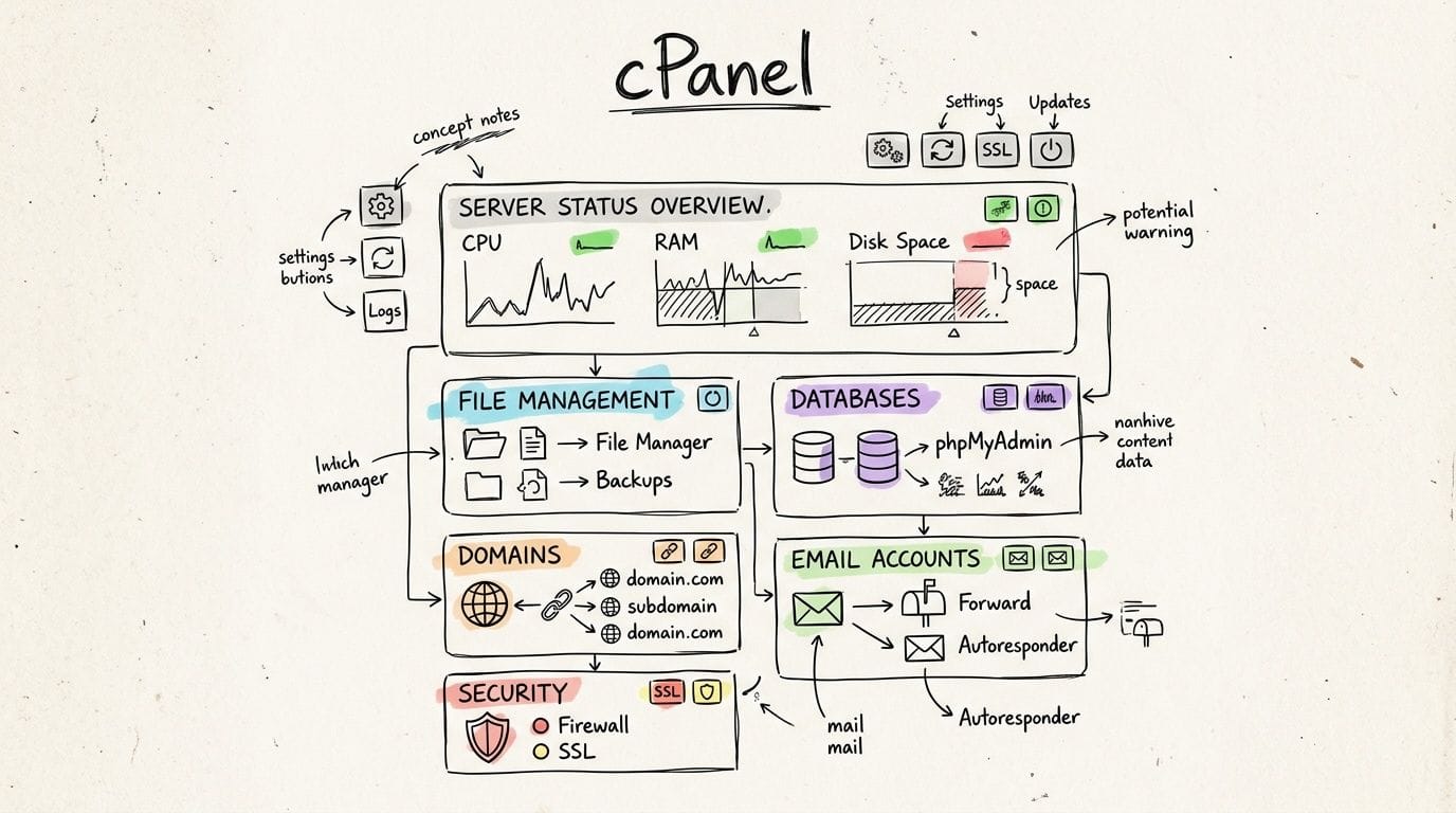 A hand-drawn illustration showing a cpanel interface dashboard layout with various server management and hosting tools.