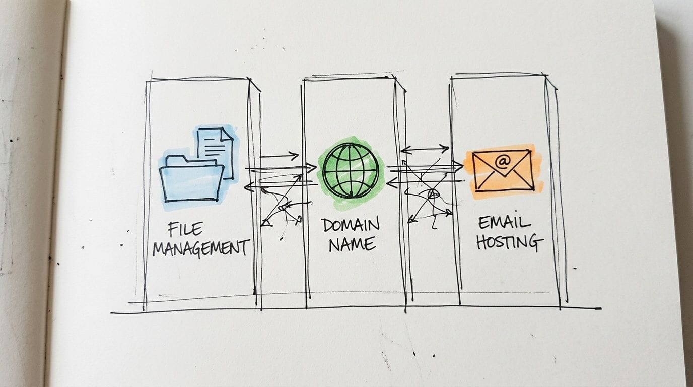 A hand-drawn diagram illustrating the relationship between file management, domain names, and email hosting services.