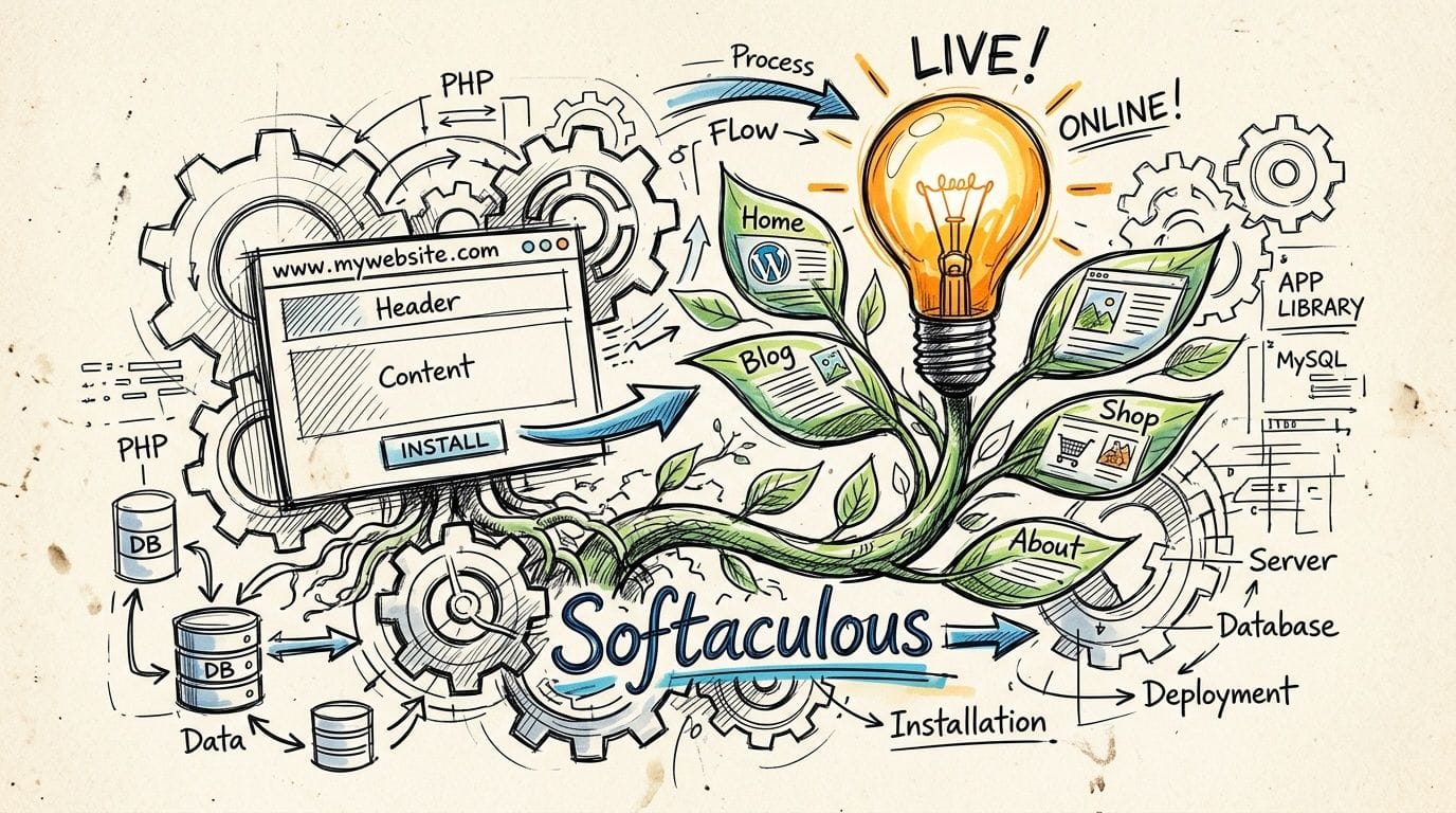 An artistic hand-drawn sketch illustrating the softaculous software installation process, including databases, web pages, and server components.