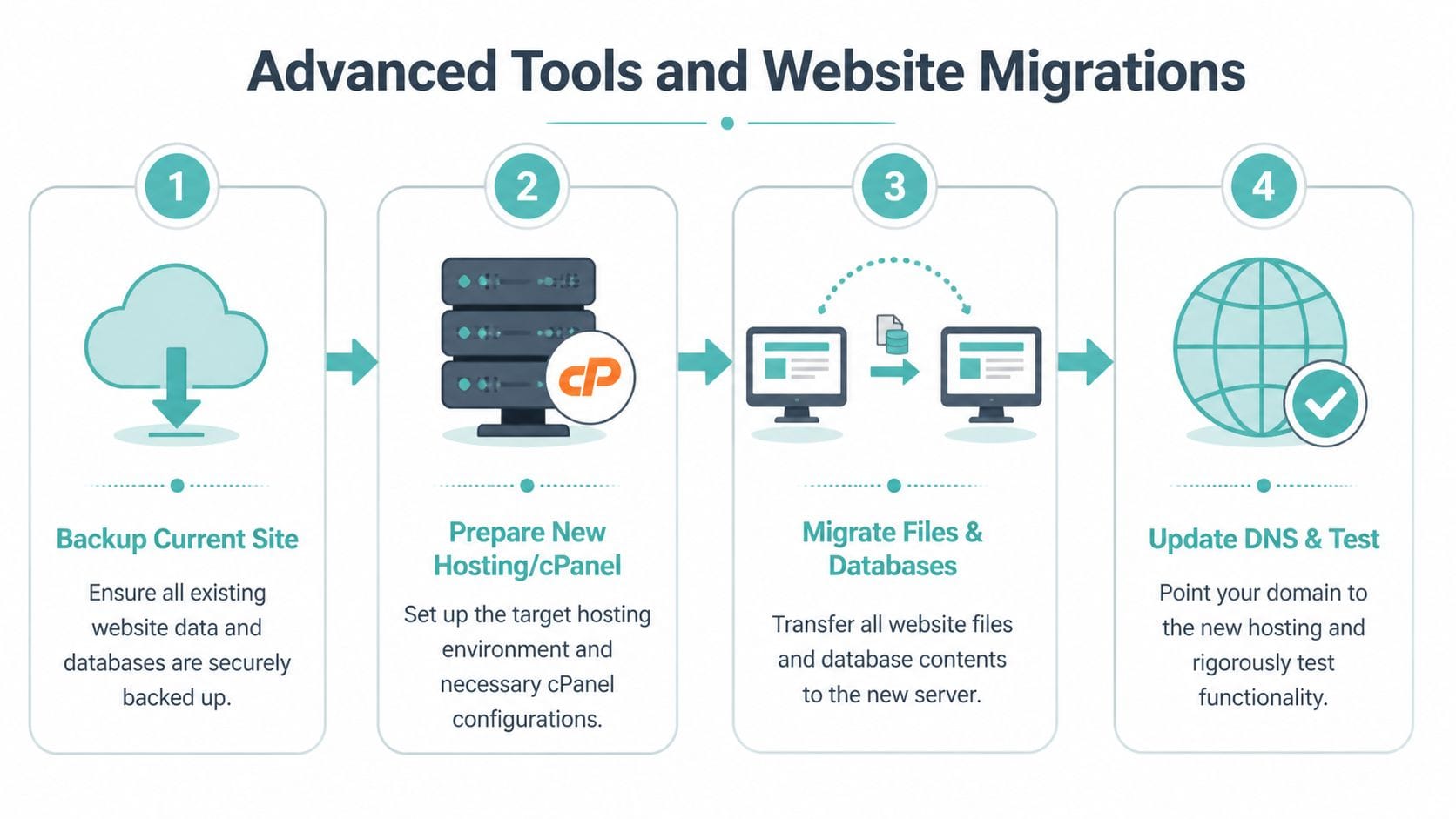 A four-step infographic illustrating the professional process for migrating a website using cpanel hosting tools.