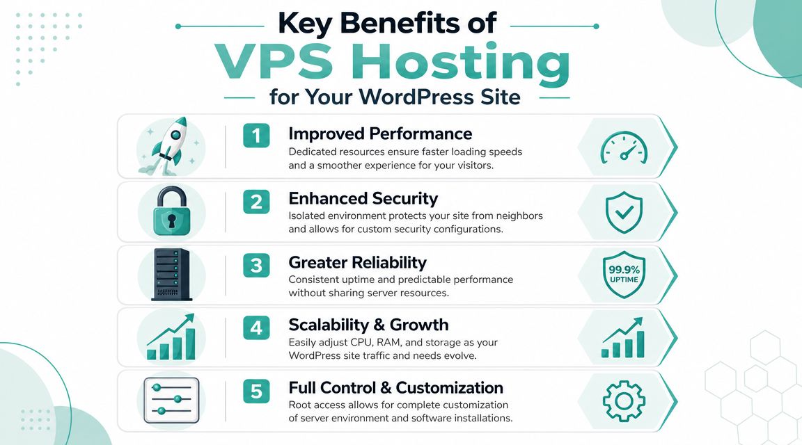 An infographic detailing five key benefits of using vps hosting for a wordpress website, including performance, security, and scalability.