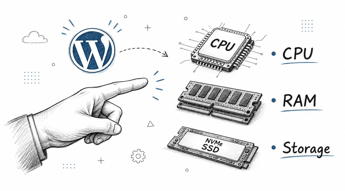 A hand pointing at a wordpress logo linked to computer hardware components including cpu, ram, and ssd storage.