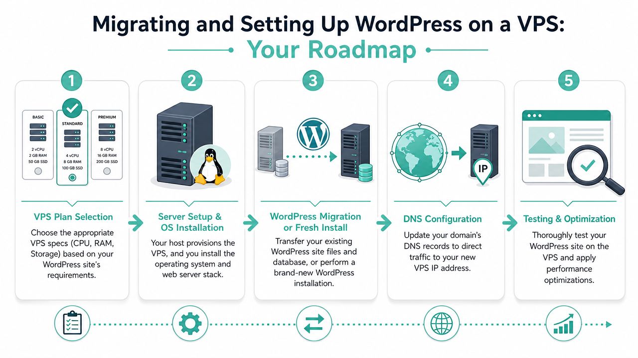 A five-step roadmap infographic for migrating and setting up a wordpress website on vps hosting.