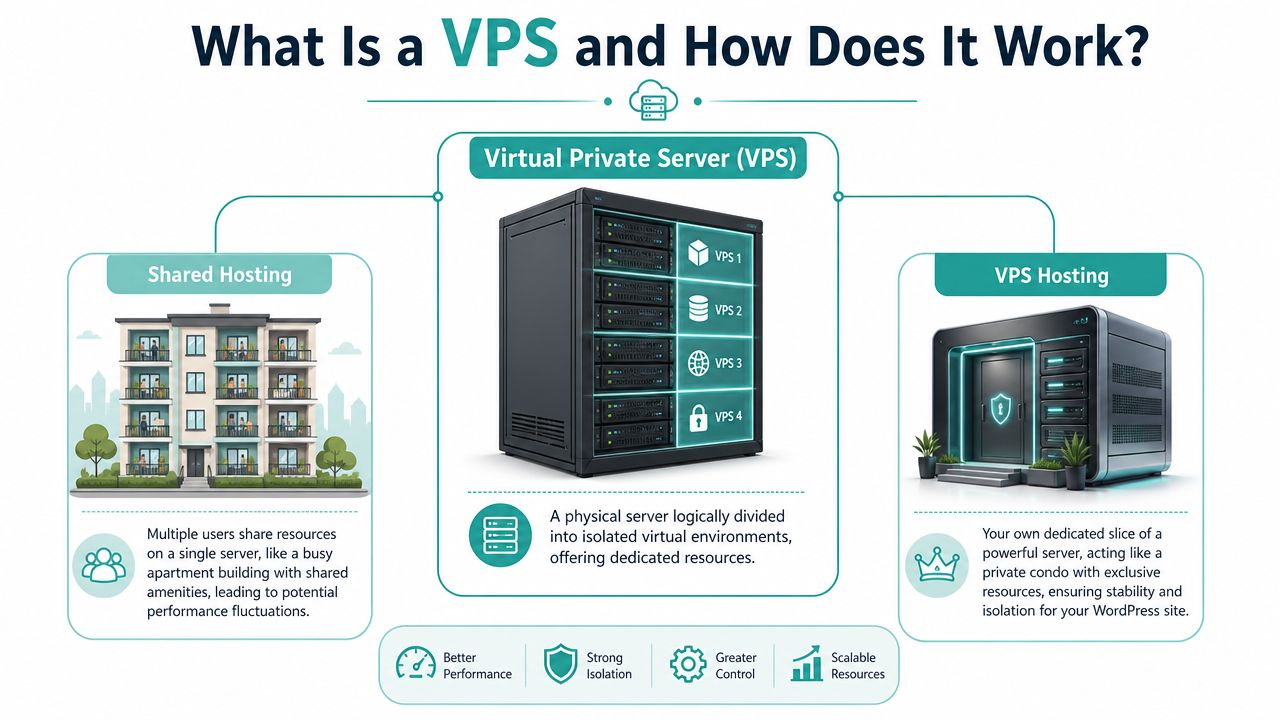 A diagram comparing shared hosting and virtual private server hosting for better performance and resource isolation.