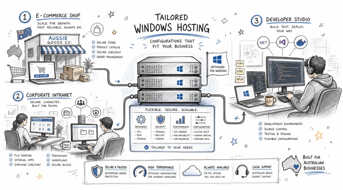 An illustration showing tailored windows web hosting solutions for e-commerce, corporate intranets, and developer environments in australia.