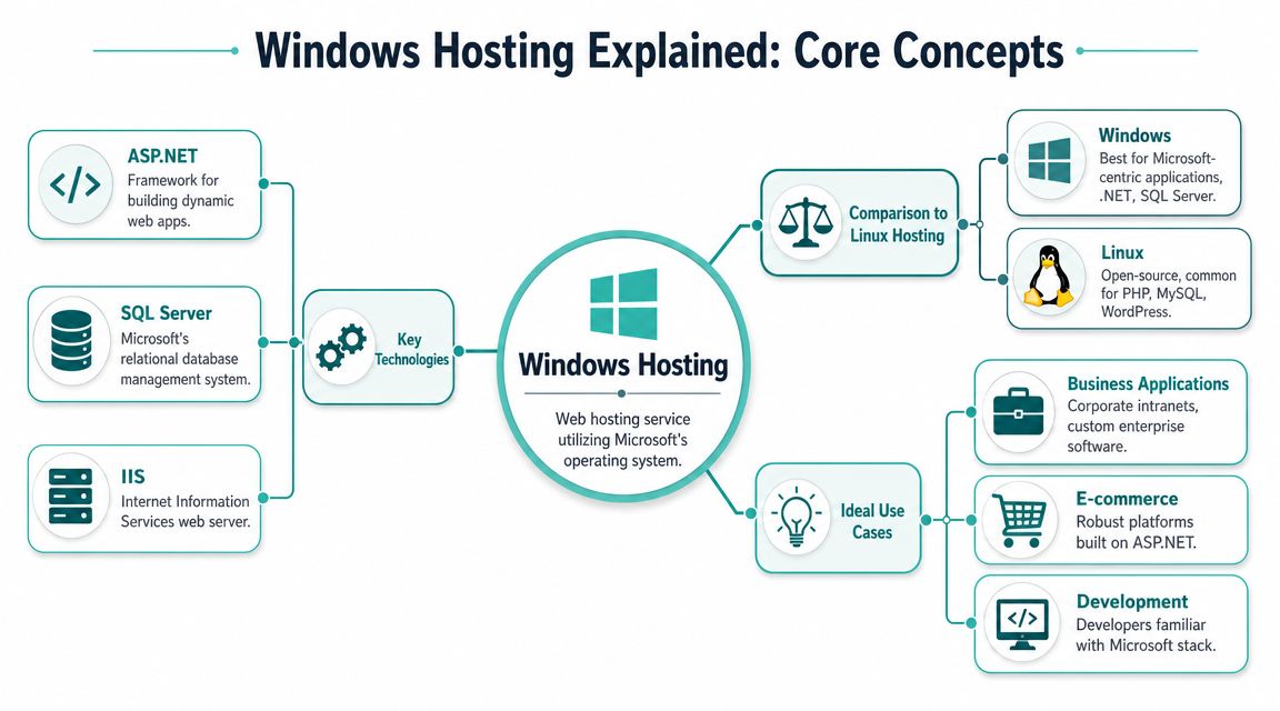 A diagram explaining windows web hosting, highlighting key technologies, use cases, and comparisons to linux hosting.