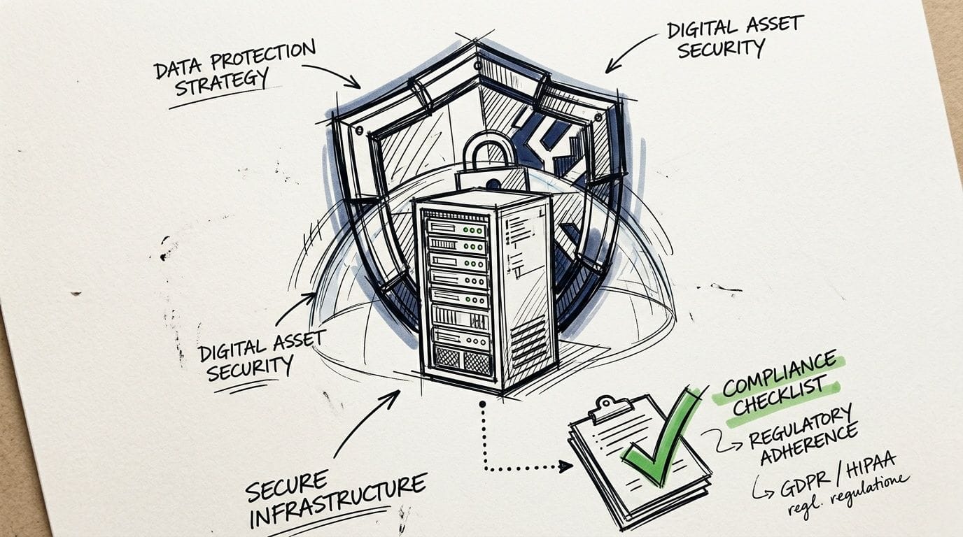 A hand-drawn sketch illustrating data protection, digital asset security, secure infrastructure, and regulatory compliance for servers.