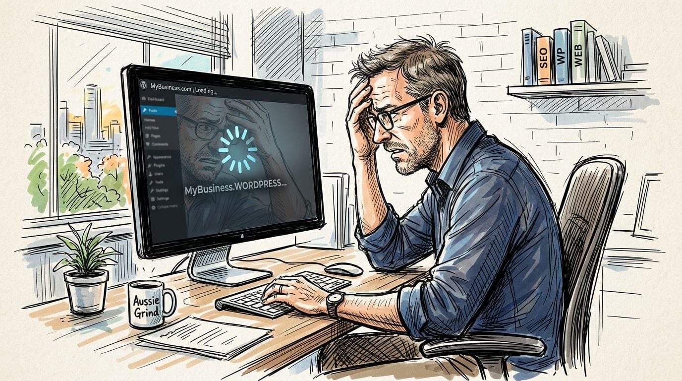 A frustrated man looking at a loading wordpress website on his computer screen in an office.