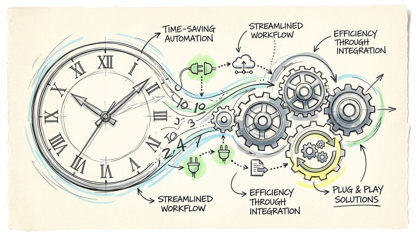 A hand-drawn illustration depicting a clock connecting to interlocking gears, representing time-saving automation and streamlined workflow.