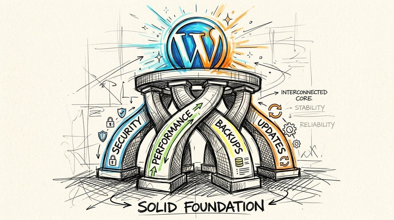 A conceptual sketch illustrating wordpress maintenance pillars including security, performance, backups, and updates for a solid foundation.