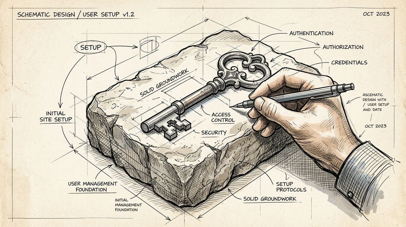 A detailed technical drawing illustration of a hand drawing a key on a stone block with security labels.