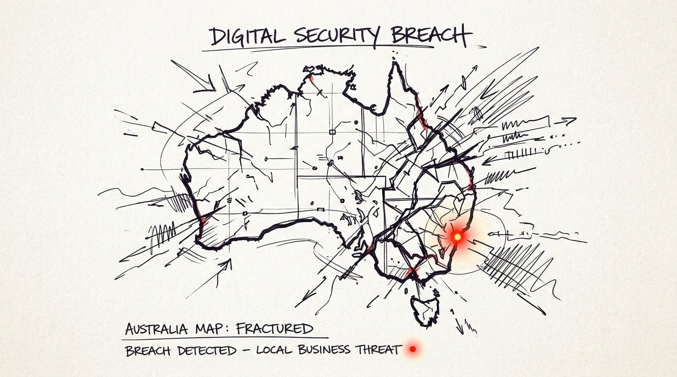 A hand-drawn sketch of an australian map depicting a digital security breach and local business threat.
