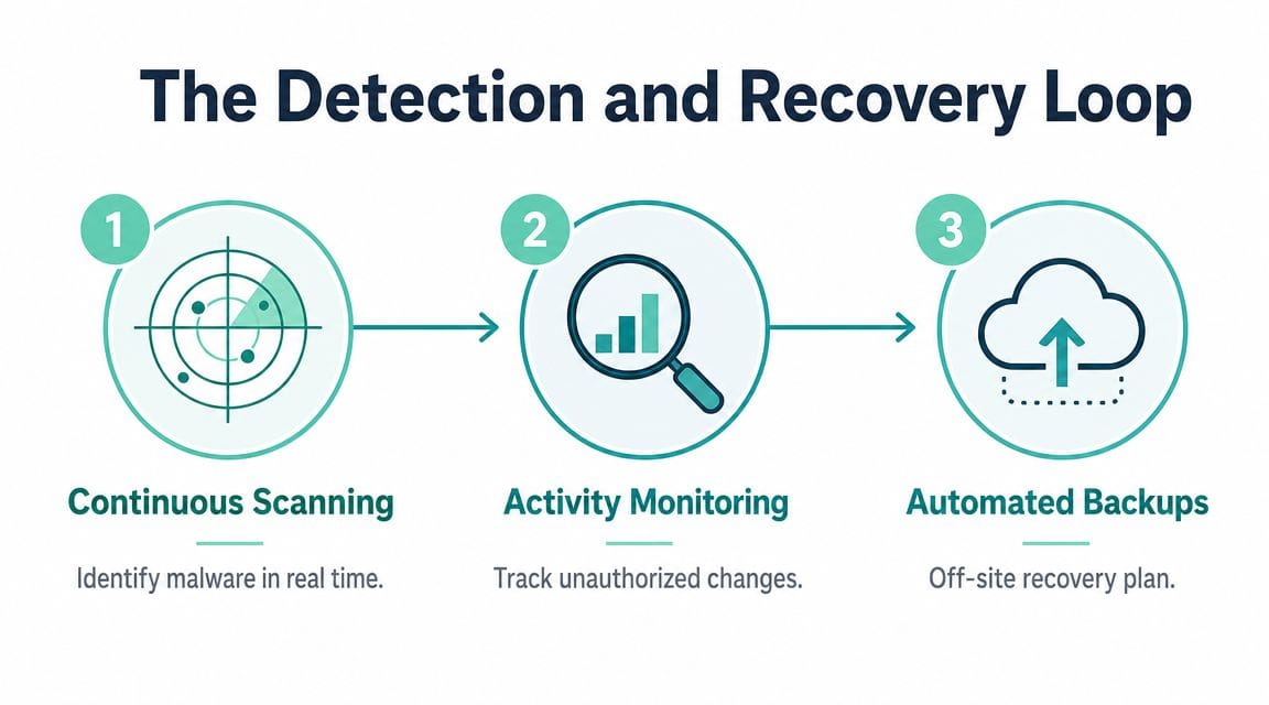 A diagram illustrating a three-step cybersecurity detection and recovery loop for continuous scanning, monitoring, and backups.