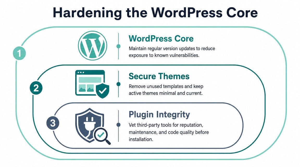 An infographic detailing three essential steps for hardening wordpress security, including core updates, themes, and plugin maintenance.