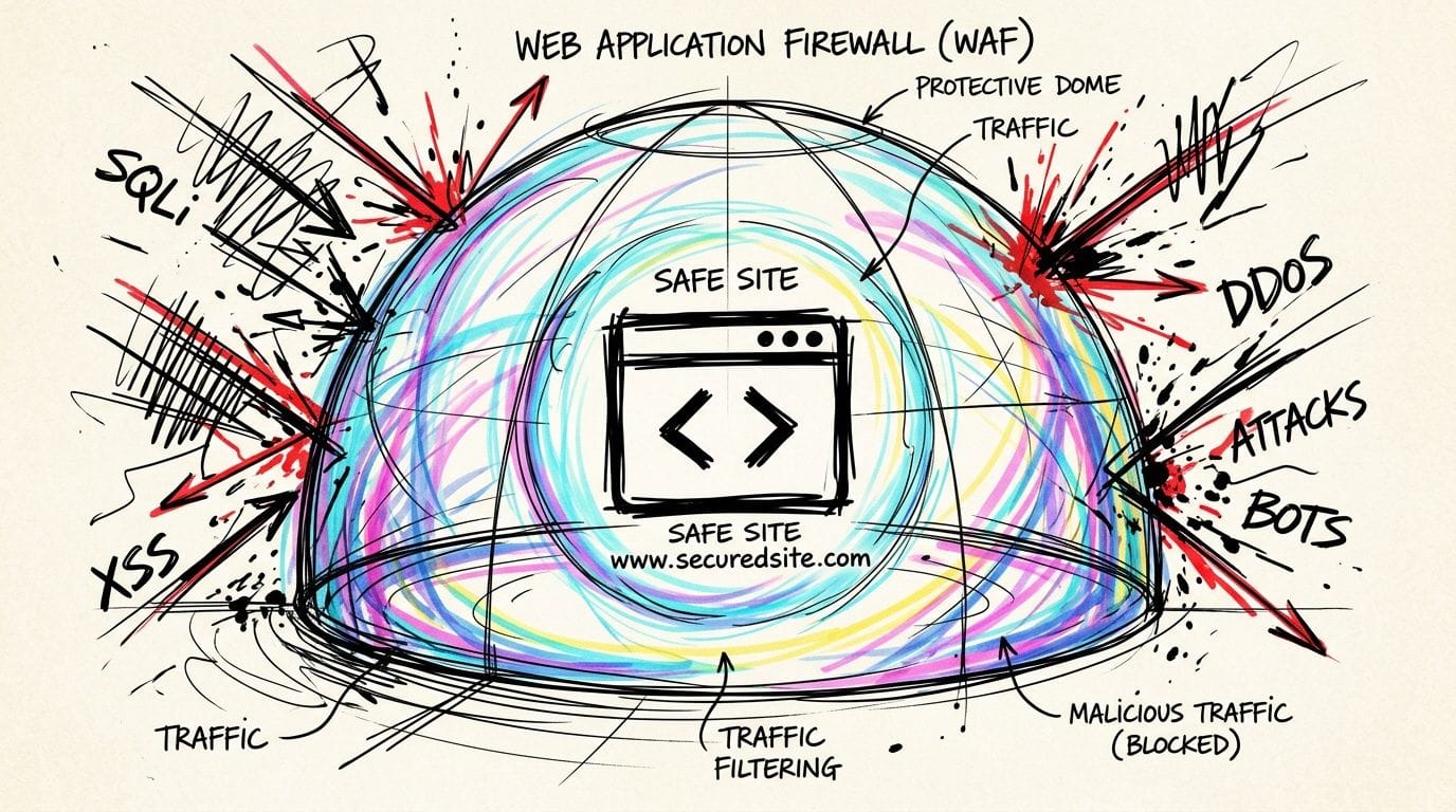 A hand-drawn illustration showing a web application firewall protecting a website from malicious cyber attacks.
