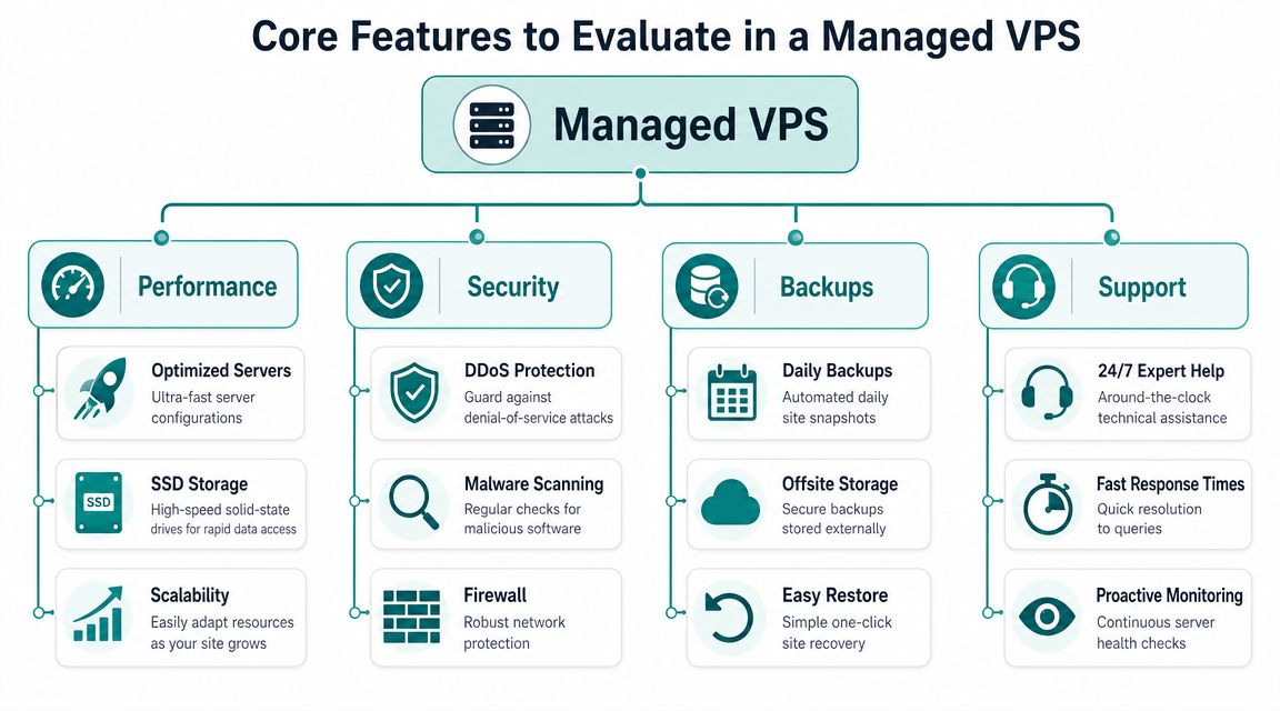 Best Managed VPS WordPress Hosting in Australia for 2026 4 A flowchart showing four core categories to evaluate when choosing a managed vps service for your website.