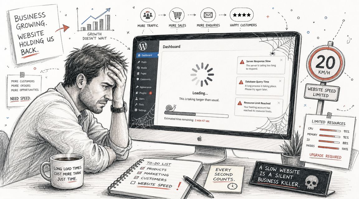 Best Managed VPS WordPress Hosting in Australia for 2026 2 Frustrated entrepreneur looking at a slow-loading wordpress website dashboard on a computer screen in an office.