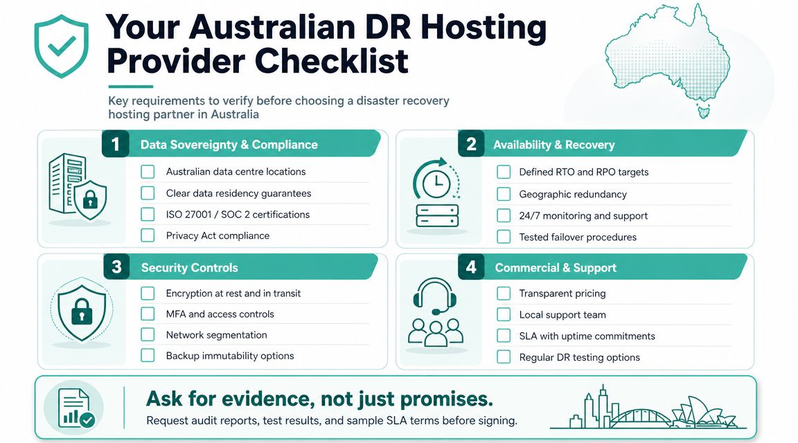 Disaster Recovery Hosting: Protect Australian Data 8 A checklist for selecting an australian disaster recovery hosting provider featuring four key requirement categories.