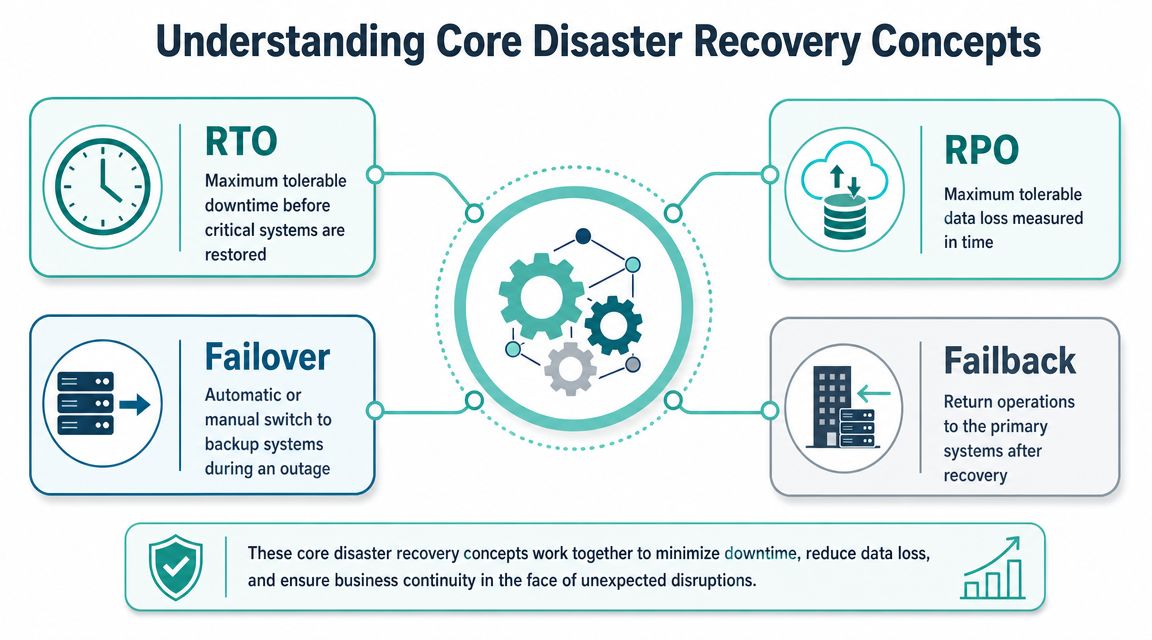 Disaster Recovery Hosting: Protect Australian Data 2 An infographic explaining core disaster recovery concepts including rto, rpo, failover, and failback processes.