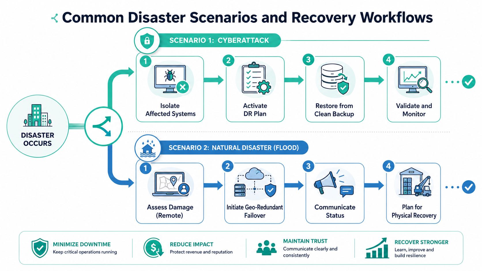 Disaster Recovery Hosting: Protect Australian Data 4 A flowchart showing common disaster scenarios like cyberattacks and floods with their corresponding recovery workflow steps.