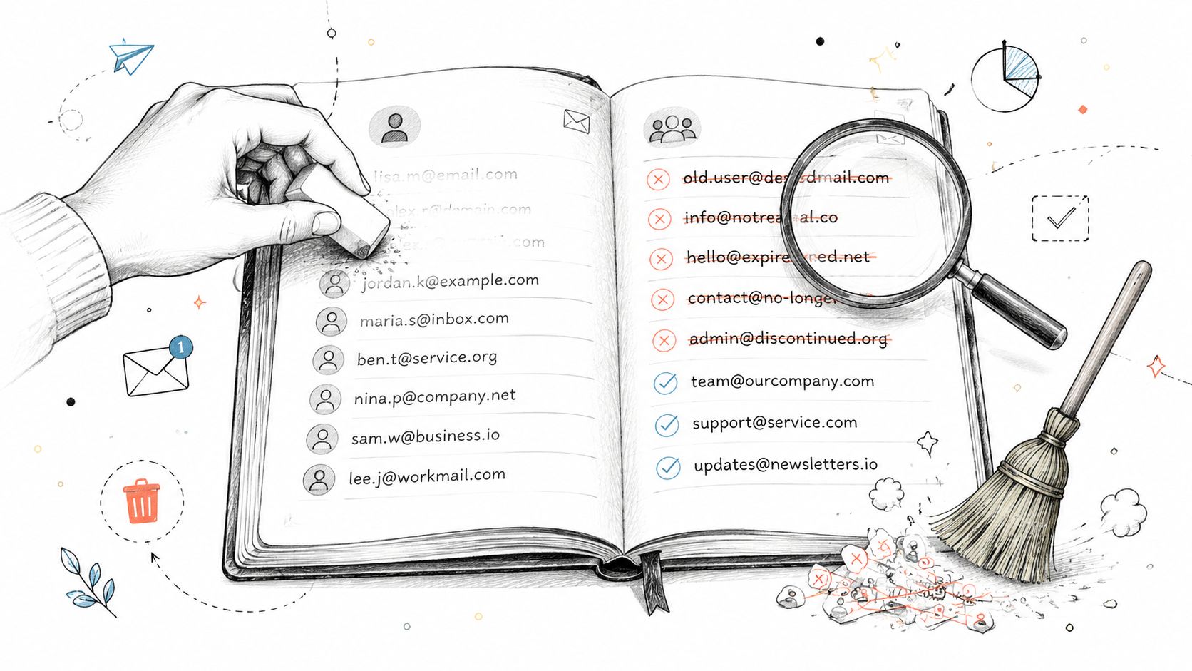 10 Email Deliverability Best Practices for 2026 2 A hand erasing invalid email addresses from a list next to a magnifying glass and a broom.