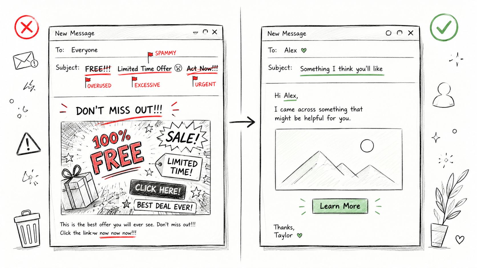 10 Email Deliverability Best Practices for 2026 4 A comparison showing a poor, spammy marketing email versus a well-crafted, personalized professional email communication.