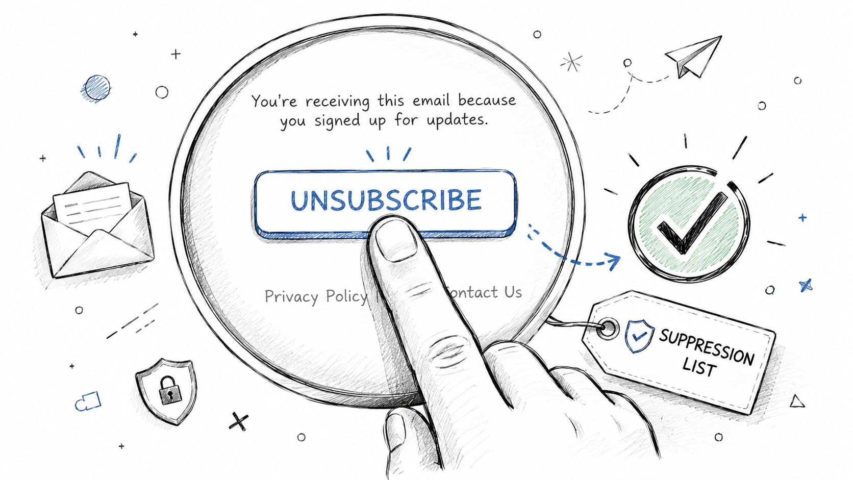10 Email Deliverability Best Practices for 2026 7 A hand clicking an unsubscribe button on a digital interface representing email list management and privacy.