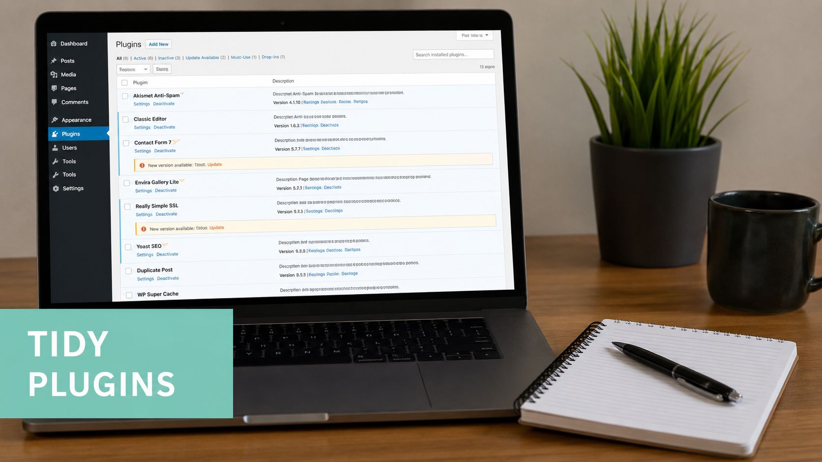 How to Improve Website Speed: Australian Guide 2026 6 A laptop screen displaying a wordpress plugins dashboard next to a notebook, pen, and a desk plant.