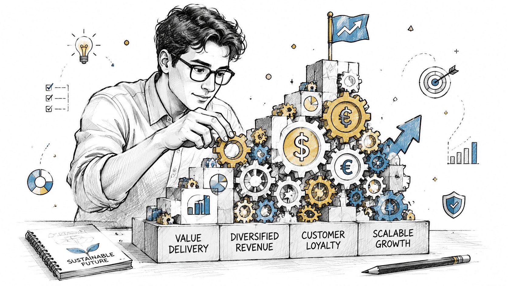 How to Make Money on Facebook: An AU Business Guide for 2026 8 A person assembling a conceptual business model with blocks and gears to achieve financial growth and success.