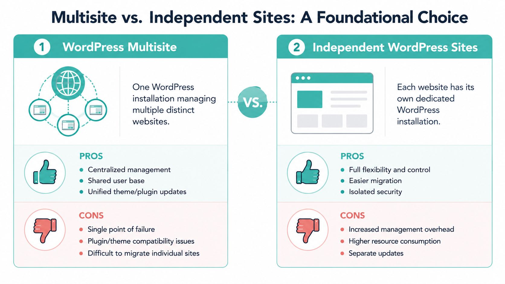 How to Manage Multiple WordPress Sites: Agency Guide 2026 2 A comparison chart highlighting the pros and cons of using wordpress multisite versus individual wordpress installations.