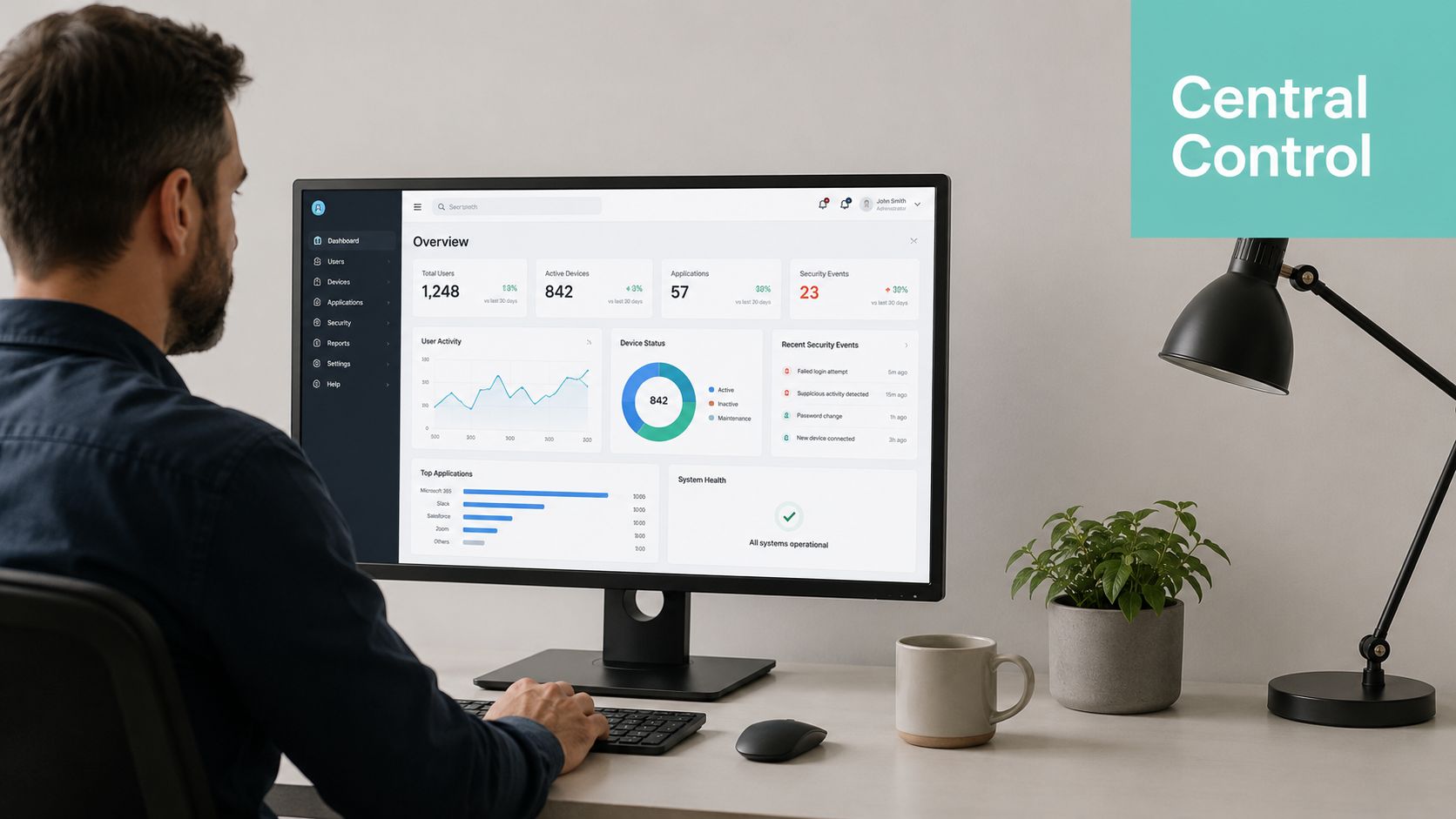 How to Manage Multiple WordPress Sites: Agency Guide 2026 4 A professional working on a computer displaying a comprehensive system administration dashboard in a modern office.