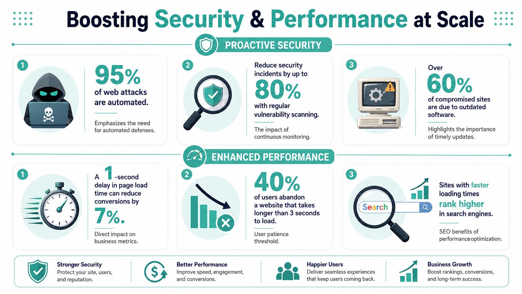 How to Manage Multiple WordPress Sites: Agency Guide 2026 6 An infographic showing the benefits of proactive security and enhanced performance for website management and growth.