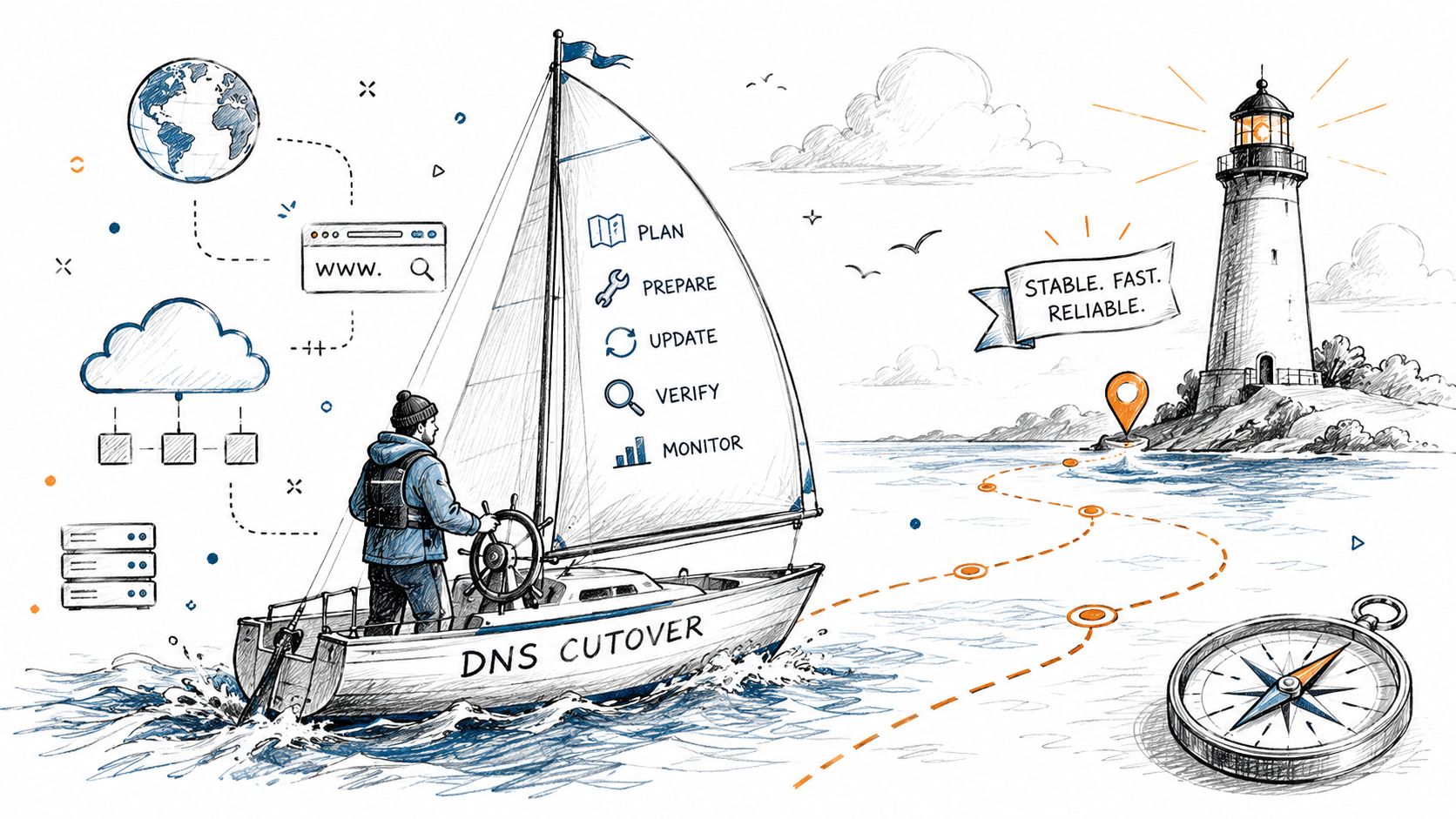 How to Migrate Email Accounts: A Guide for Aussie SMBs 5 A conceptual illustration of a sailboat labeled dns cutover navigating toward a lighthouse representing stable migration processes.