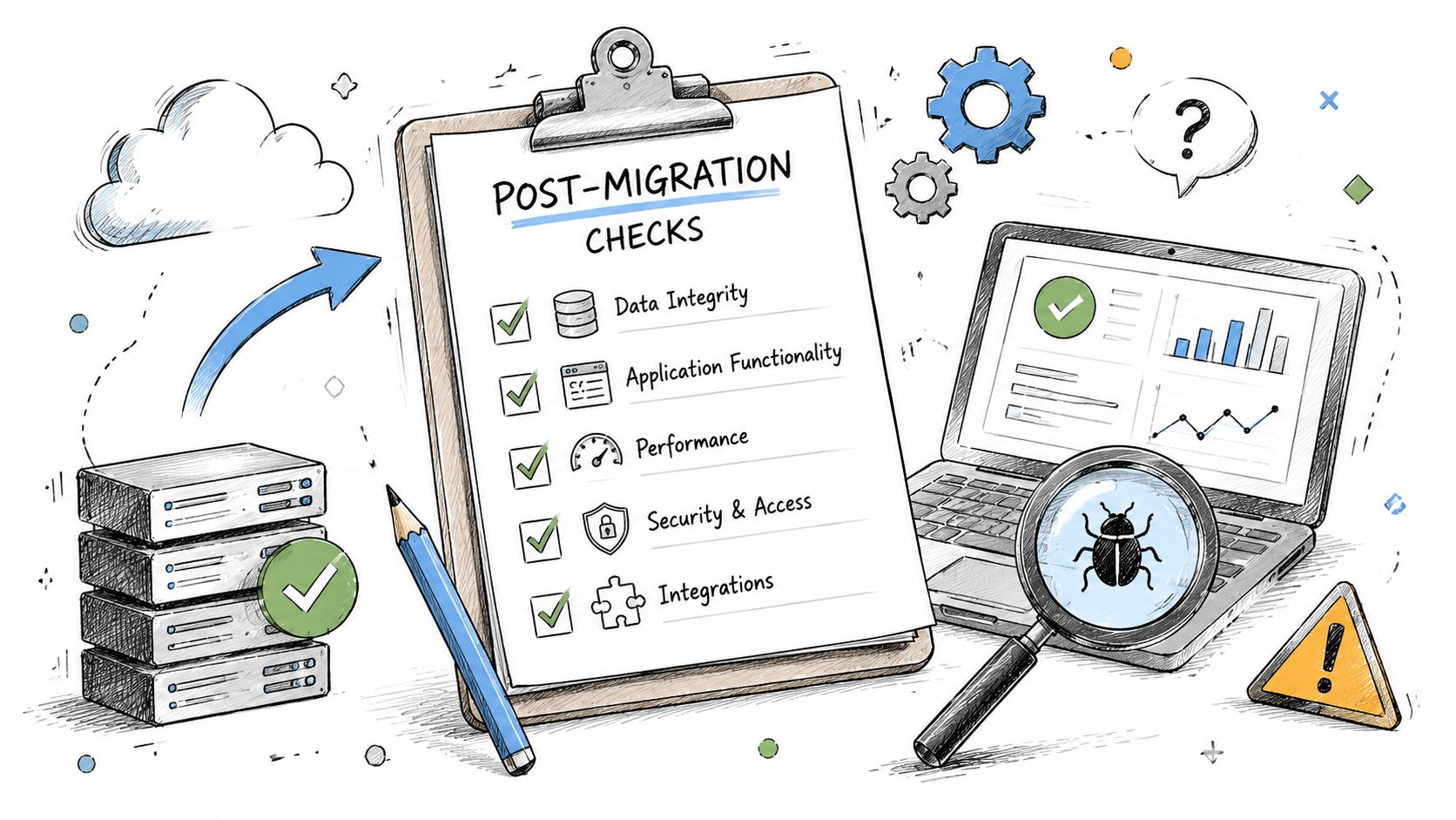 How to Migrate Email Accounts: A Guide for Aussie SMBs 7 A checklist on a clipboard highlighting post-migration technical checks for data, performance, security, and integrations.