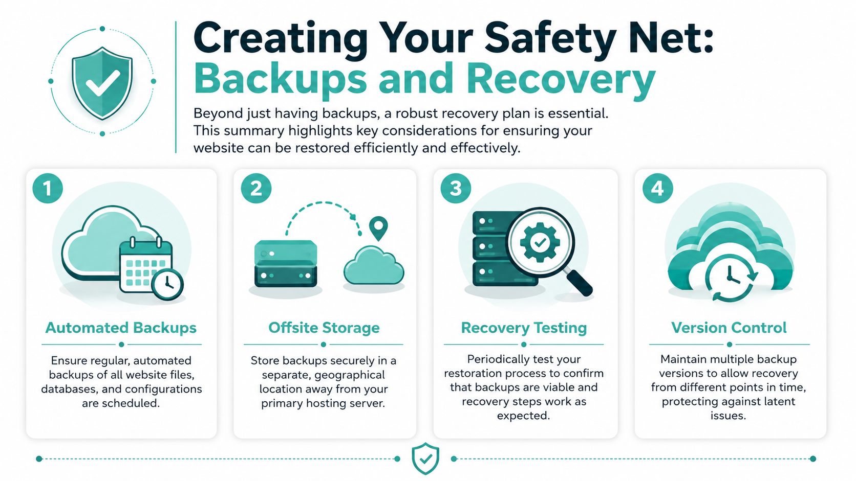 An infographic outlining four essential strategies for website backups and disaster recovery planning for business security.