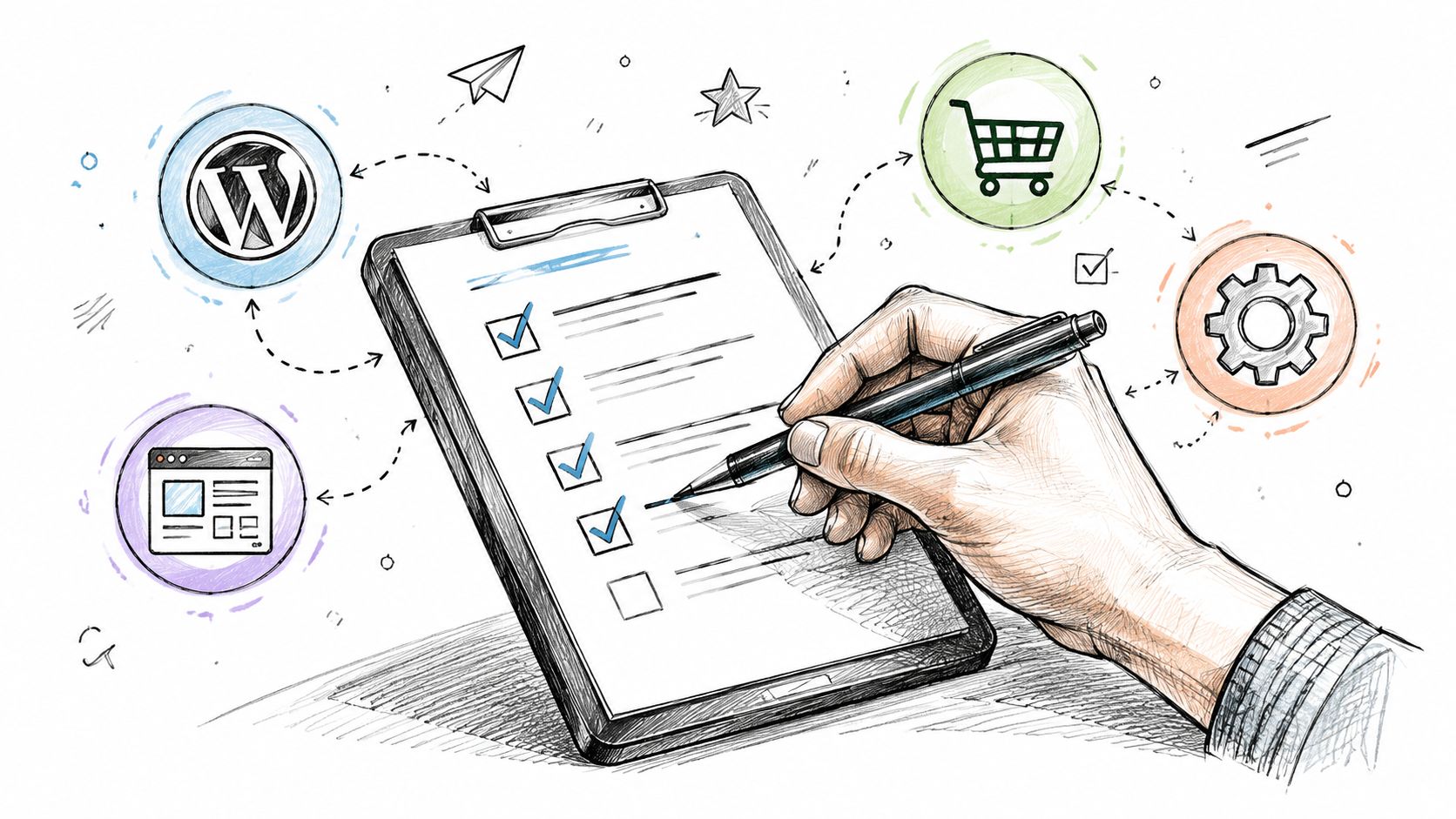 A hand holding a pen checking off a digital checklist with website and ecommerce icons nearby.
