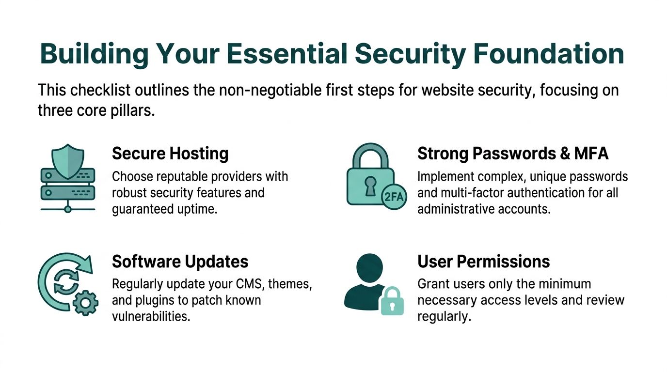 An infographic titled building your essential security foundation outlining four core website security best practices.