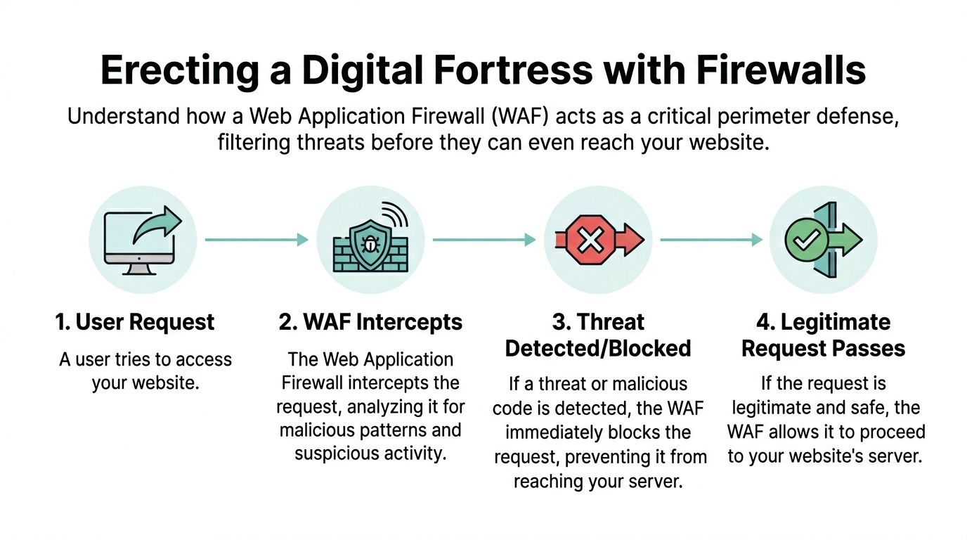 A four-step infographic illustrating how a web application firewall monitors and secures website traffic from threats.