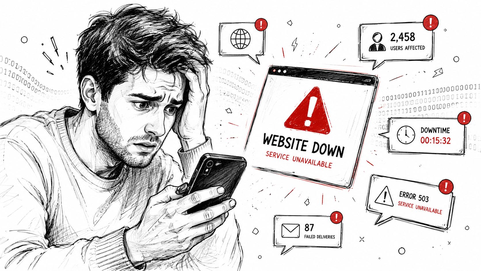 A distressed man looking at his smartphone while experiencing a website server outage and service failure.