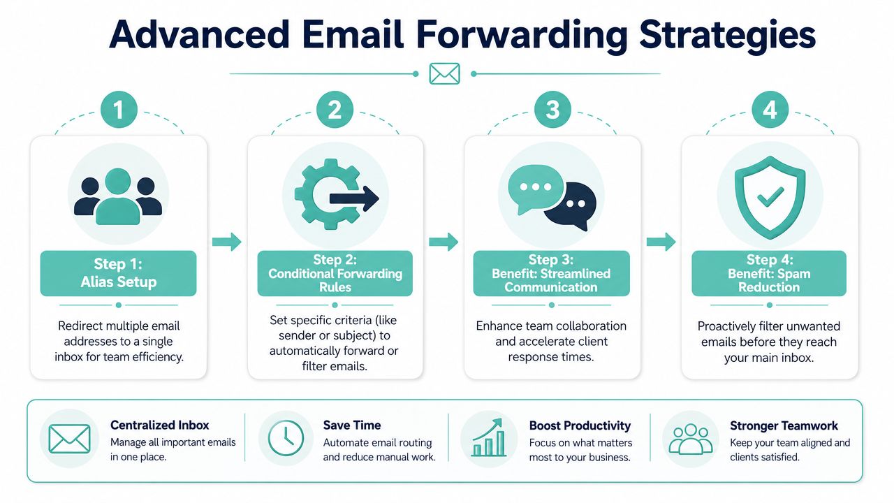 A four-step infographic illustrating advanced strategies for effective email forwarding and improved team communication workflows.